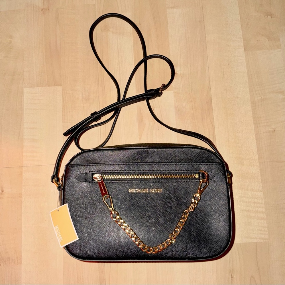 Michael Kors Black Crossbody Bag Large with Gold Chain Saffiano Leather NWT